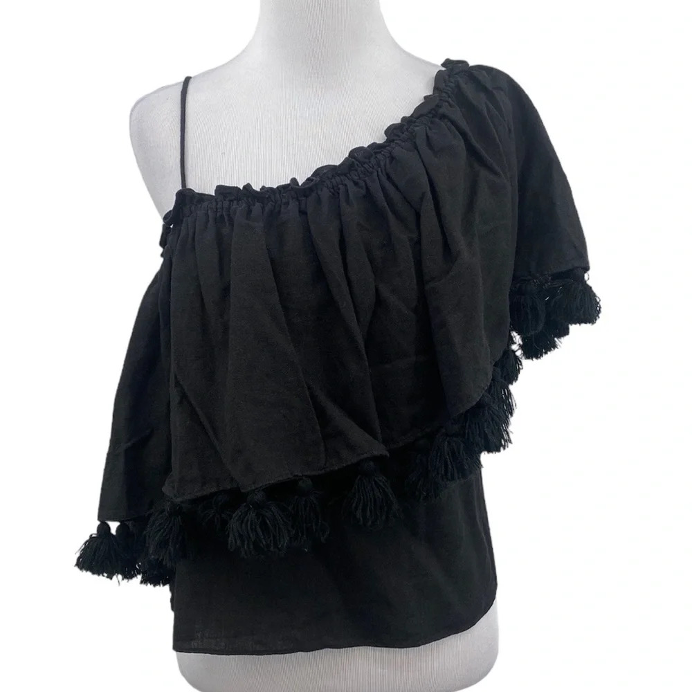 Misa Los Angeles Asymmetric One Shoulder Blouse Womens Size X-Small Black Tassel